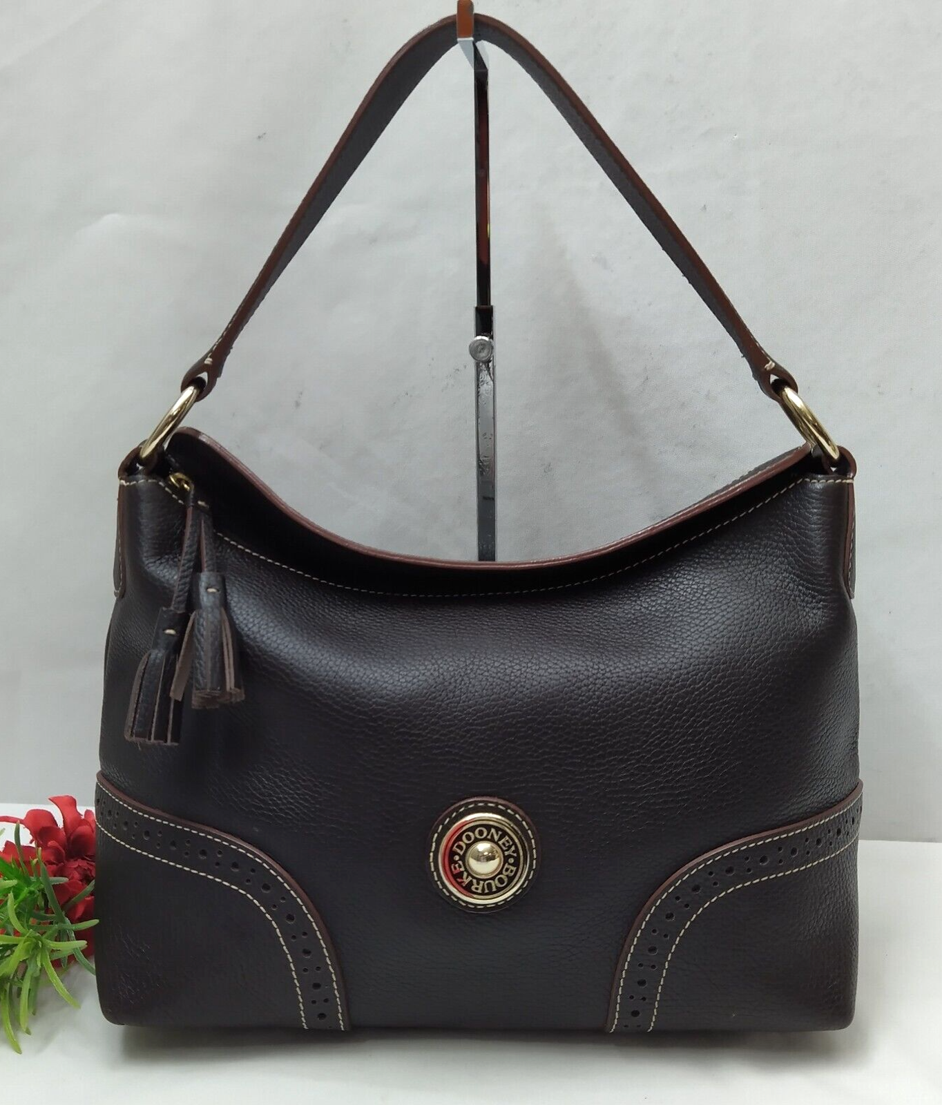 Dooney & Bourke Brown Pebbled Leather Round Logo Zipper Hobo Shoulder Bag